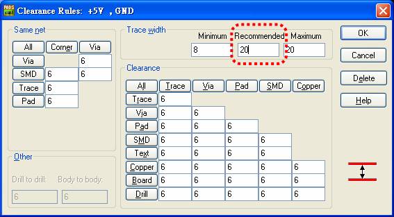 圖22 電源、接地線寬設(shè)定